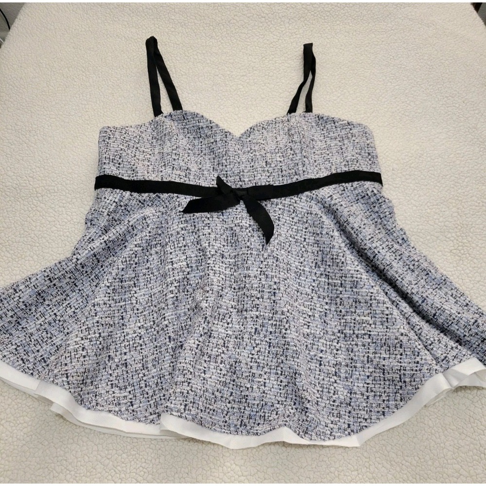 Zara Women Blue Tweed Textured Babydoll Sweetheart Corset Peplum Black Bow Large
